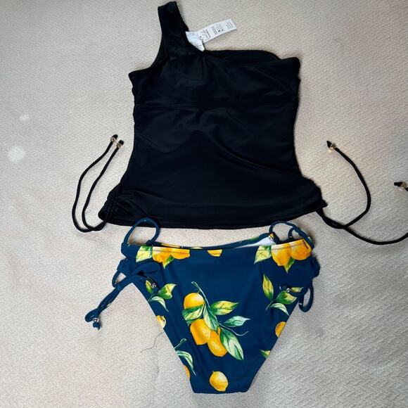 Cupshe One-Shoulder Tankini Lemon Tie-Side Bikini Set Womens Small Black/Blue - Picture 1 of 8